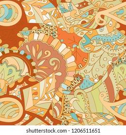 Tracery seamless pattern. Mehndi design. Ethnic colorful doodle texture. Curved doodling background. Vector