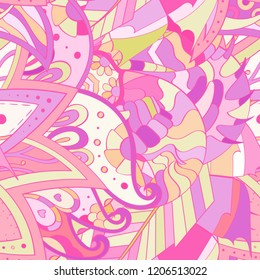 Tracery seamless pattern. Mehndi design. Ethnic colorful doodle texture. Curved doodling background. Vector