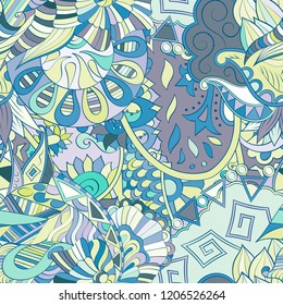 Tracery seamless pattern. Mehndi design. Ethnic colorful doodle texture. Curved doodling background. Vector