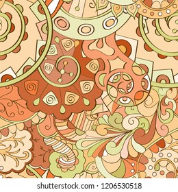 Tracery seamless pattern. Mehndi design. Ethnic colorful doodle texture. Curved doodling background. Vector