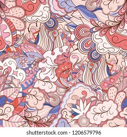 Tracery seamless pattern. Mehndi design. Ethnic colorful doodle texture. Curved doodling background. Vector
