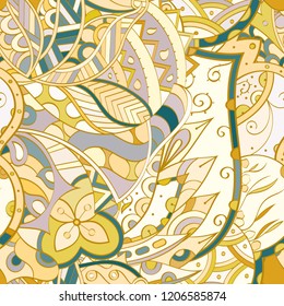 Tracery seamless pattern. Mehndi design. Ethnic colorful doodle texture. Curved doodling background. Vector