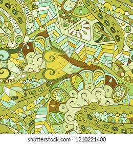 Tracery seamless pattern. Mehndi design. Ethnic colorful doodle texture. Curved doodling background. Vector