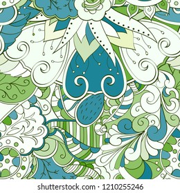 Tracery seamless pattern. Mehndi design. Ethnic colorful doodle texture. Curved doodling background. Vector