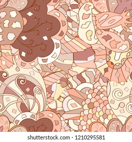 Tracery seamless pattern. Mehndi design. Ethnic colorful doodle texture. Curved doodling background. Vector