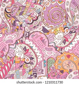 Tracery seamless pattern. Mehndi design. Ethnic colorful doodle texture. Curved doodling background. Vector