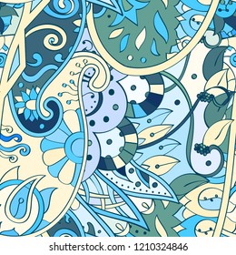 Tracery seamless pattern. Mehndi design. Ethnic colorful doodle texture. Curved doodling background. Vector