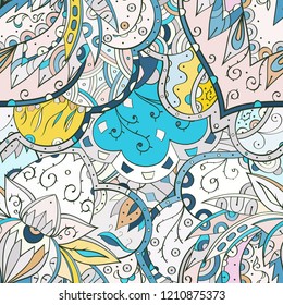 Tracery seamless pattern. Mehndi design. Ethnic colorful doodle texture. Curved doodling background. Vector