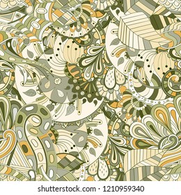 Tracery seamless pattern. Mehndi design. Ethnic colorful doodle texture. Curved doodling background. Vector