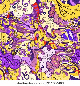 Tracery seamless pattern. Mehndi design. Ethnic colorful doodle texture. Curved doodling background. Vector