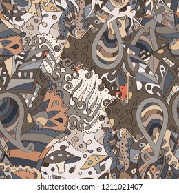 Tracery seamless pattern. Mehndi design. Ethnic colorful doodle texture. Curved doodling background. Vector