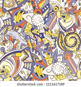 Tracery seamless pattern. Mehndi design. Ethnic colorful doodle texture. Curved doodling background. Vector