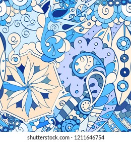 Tracery seamless pattern. Mehndi design. Ethnic colorful doodle texture. Curved doodling background. Vector