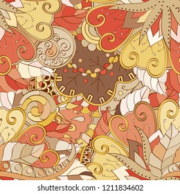 Tracery seamless pattern. Mehndi design. Ethnic colorful doodle texture. Curved doodling background. Vector