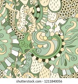 Tracery seamless pattern. Mehndi design. Ethnic colorful doodle texture. Curved doodling background. Vector