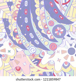 Tracery seamless pattern. Mehndi design. Ethnic colorful doodle texture. Curved doodling background. Vector
