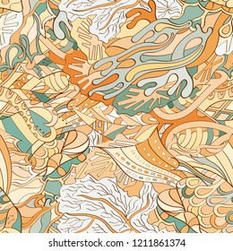 Tracery seamless pattern. Mehndi design. Ethnic colorful doodle texture. Curved doodling background. Vector