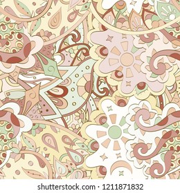 Tracery seamless pattern. Mehndi design. Ethnic colorful doodle texture. Curved doodling background. Vector