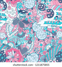 Tracery seamless pattern. Mehndi design. Ethnic colorful doodle texture. Curved doodling background. Vector
