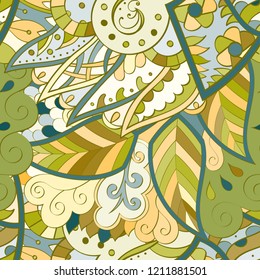 Tracery seamless pattern. Mehndi design. Ethnic colorful doodle texture. Curved doodling background. Vector