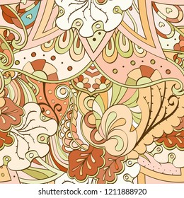 Tracery seamless pattern. Mehndi design. Ethnic colorful doodle texture. Curved doodling background. Vector