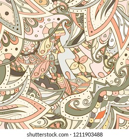 Tracery seamless pattern. Mehndi design. Ethnic colorful doodle texture. Curved doodling background. Vector