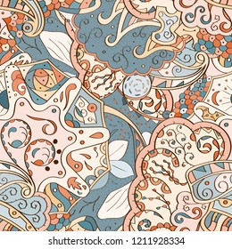 Tracery seamless pattern. Mehndi design. Ethnic colorful doodle texture. Curved doodling background. Vector