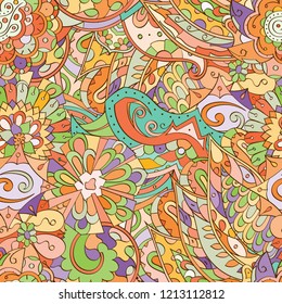 Tracery seamless pattern. Mehndi design. Ethnic colorful doodle texture. Curved doodling background. Vector