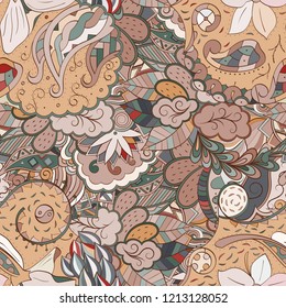 Tracery seamless pattern. Mehndi design. Ethnic colorful doodle texture. Curved doodling background. Vector