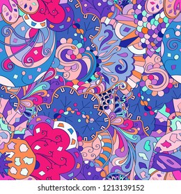 Tracery seamless pattern. Mehndi design. Ethnic colorful doodle texture. Curved doodling background. Vector