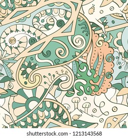 Tracery seamless pattern. Mehndi design. Ethnic colorful doodle texture. Curved doodling background. Vector