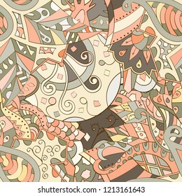 Tracery seamless pattern. Mehndi design. Ethnic colorful doodle texture. Curved doodling background. Vector