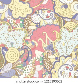 Tracery seamless pattern. Mehndi design. Ethnic colorful doodle texture. Curved doodling background. Vector