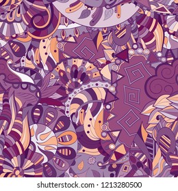 Tracery seamless pattern. Mehndi design. Ethnic colorful doodle texture. Curved doodling background. Vector