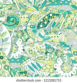 Tracery seamless pattern. Mehndi design. Ethnic colorful doodle texture. Curved doodling background. Vector