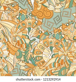 Tracery seamless pattern. Mehndi design. Ethnic colorful doodle texture. Curved doodling background. Vector
