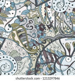 Tracery seamless pattern. Mehndi design. Ethnic colorful doodle texture. Curved doodling background. Vector