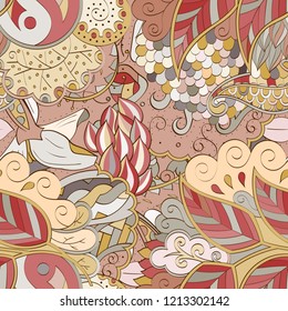 Tracery seamless pattern. Mehndi design. Ethnic colorful doodle texture. Curved doodling background. Vector