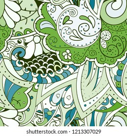 Tracery seamless pattern. Mehndi design. Ethnic colorful doodle texture. Curved doodling background. Vector