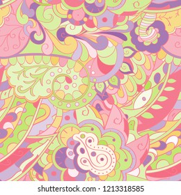 Tracery seamless pattern. Mehndi design. Ethnic colorful doodle texture. Curved doodling background. Vector
