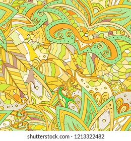 Tracery seamless pattern. Mehndi design. Ethnic colorful doodle texture. Curved doodling background. Vector
