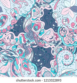 Tracery seamless pattern. Mehndi design. Ethnic colorful doodle texture. Curved doodling background. Vector