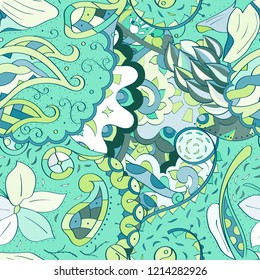 Tracery seamless pattern. Mehndi design. Ethnic colorful doodle texture. Curved doodling background. Vector