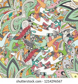 Tracery seamless pattern. Mehndi design. Ethnic colorful doodle texture. Curved doodling background. Vector