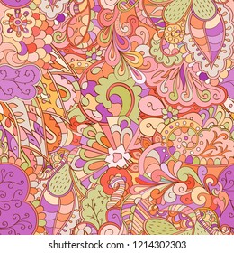 Tracery seamless pattern. Mehndi design. Ethnic colorful doodle texture. Curved doodling background. Vector