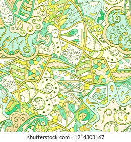 Tracery seamless pattern. Mehndi design. Ethnic colorful doodle texture. Curved doodling background. Vector