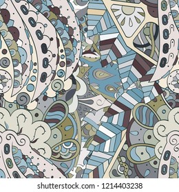 Tracery seamless pattern. Mehndi design. Ethnic colorful doodle texture. Curved doodling background. Vector