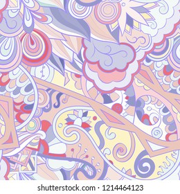 Tracery seamless pattern. Mehndi design. Ethnic colorful doodle texture. Curved doodling background. Vector