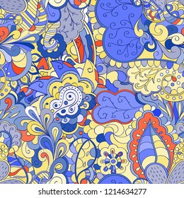 Tracery seamless pattern. Mehndi design. Ethnic colorful doodle texture. Curved doodling background. Vector