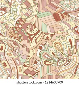 Tracery seamless pattern. Mehndi design. Ethnic colorful doodle texture. Curved doodling background. Vector